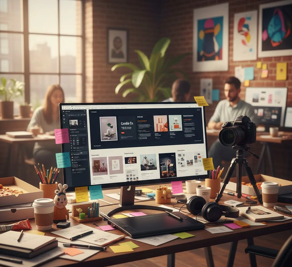 Escritorio de una agencia de diseño creativa con monitores, tabletas gráficas y bocetos publicitarios, representando un entorno profesional de creación de marca.