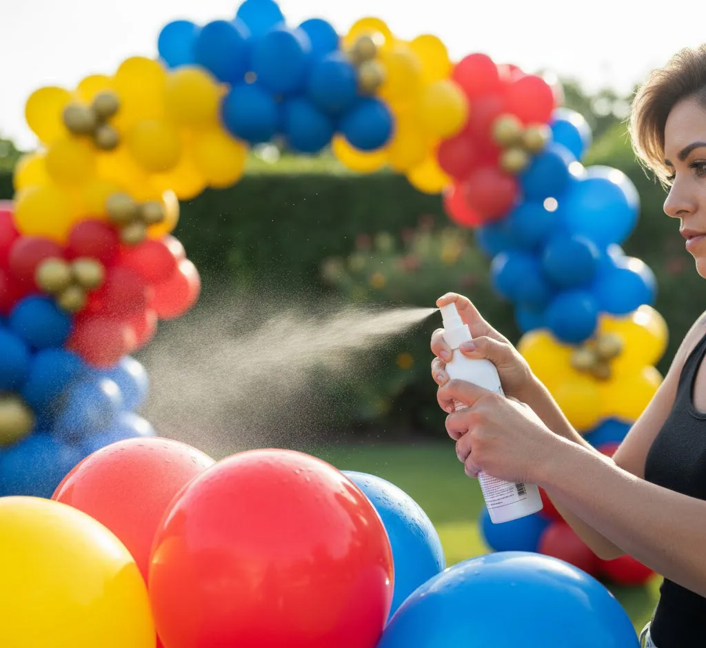 Persona usando spray brillante Hi-Shine en un arco de globos orgánico para evitar la oxidación por el sol.