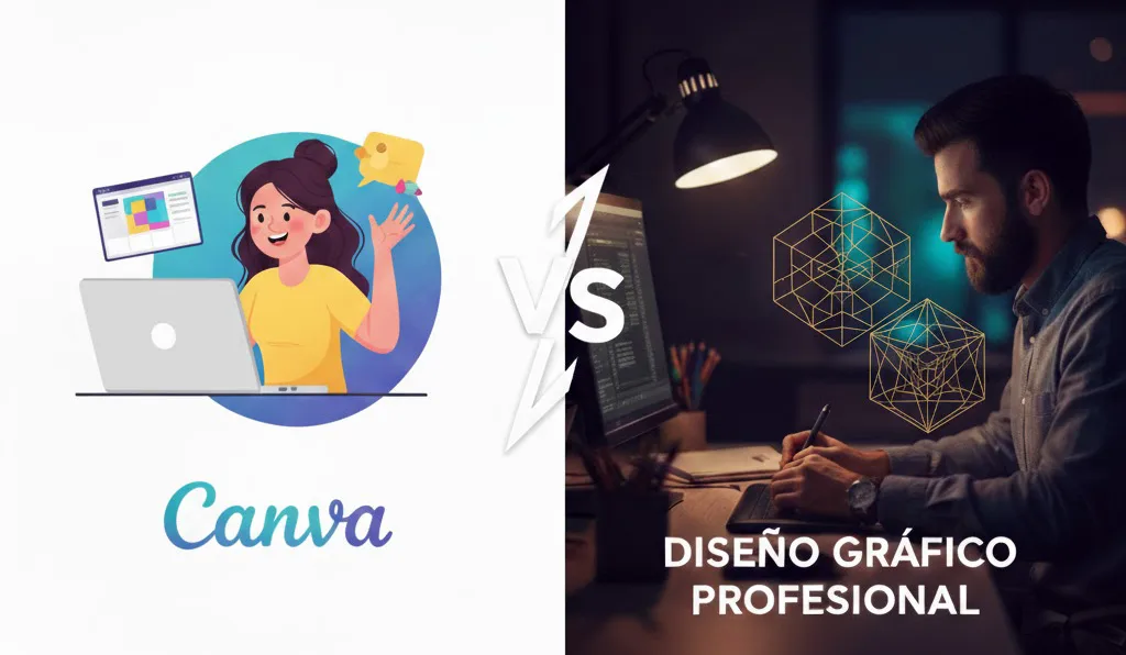 Ilustración comparativa de una usuaria de Canva frente a un diseñador gráfico profesional trabajando en su estudio.