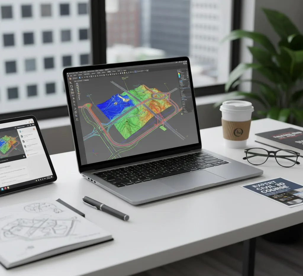 Espacio de trabajo profesional con laptop mostrando un modelado de superficies y mapas de calor en Civil 3D 2026, optimizado para alto rendimiento.