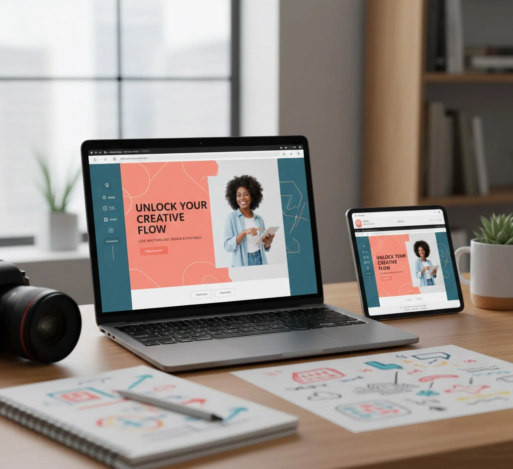 Escritorio de trabajo con computadora mostrando la edición de una plantilla de Canva para publicidad de una Masterclase profesional.