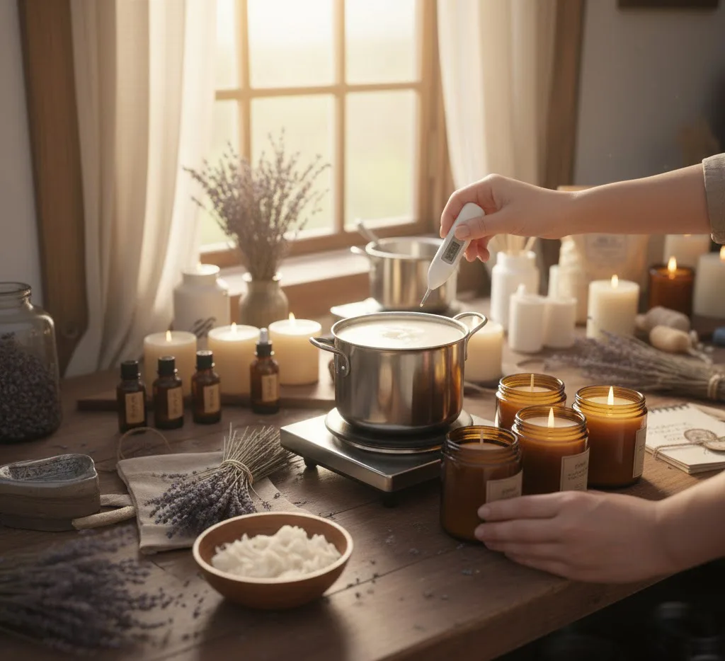 Persona midiendo la temperatura de la cera de soja con un termómetro digital en un taller de velas artesanal.