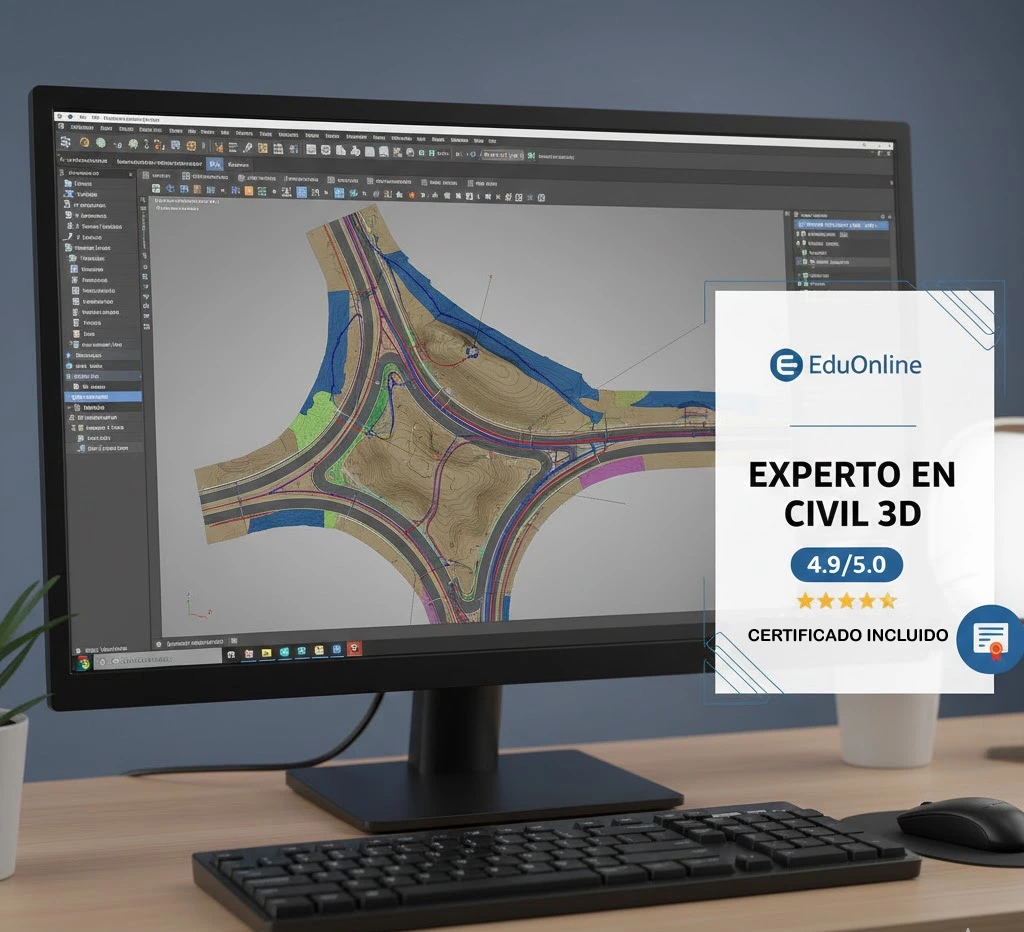Interfaz de software Autodesk Civil 3D en una computadora profesional mostrando el diseño de una carretera y topografía.