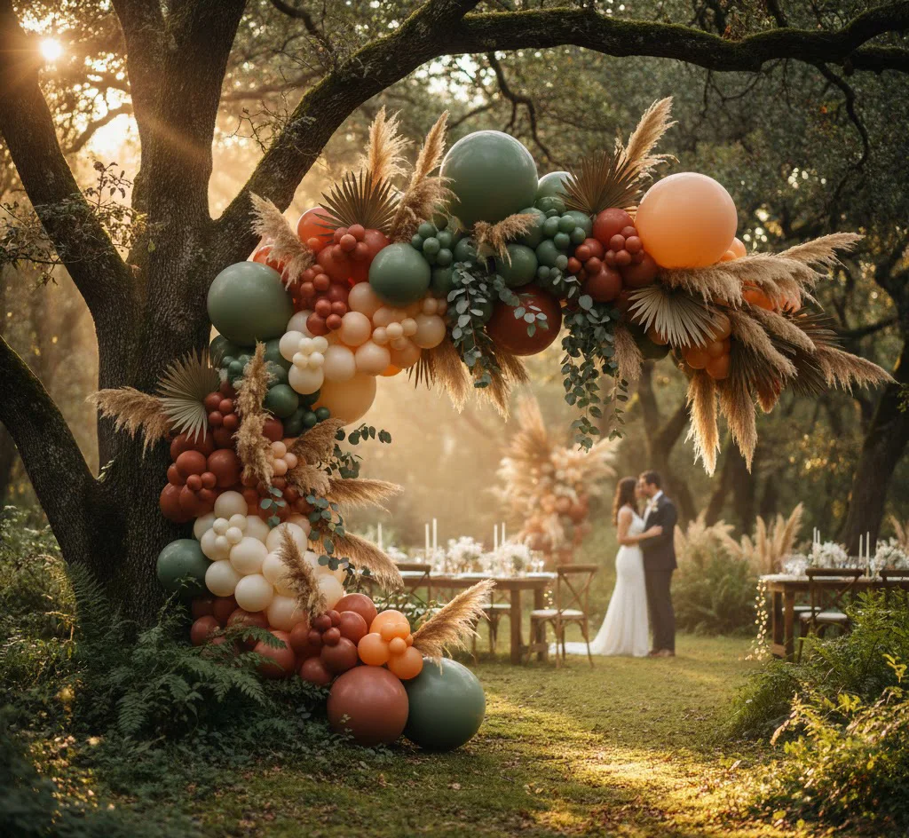 Arco orgánico de globos en tonos tierra integrado en un entorno natural para una boda sostenible al aire libre