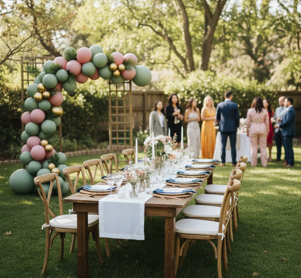Evento social con decoración de globos orgánica y mesa servida al aire libre