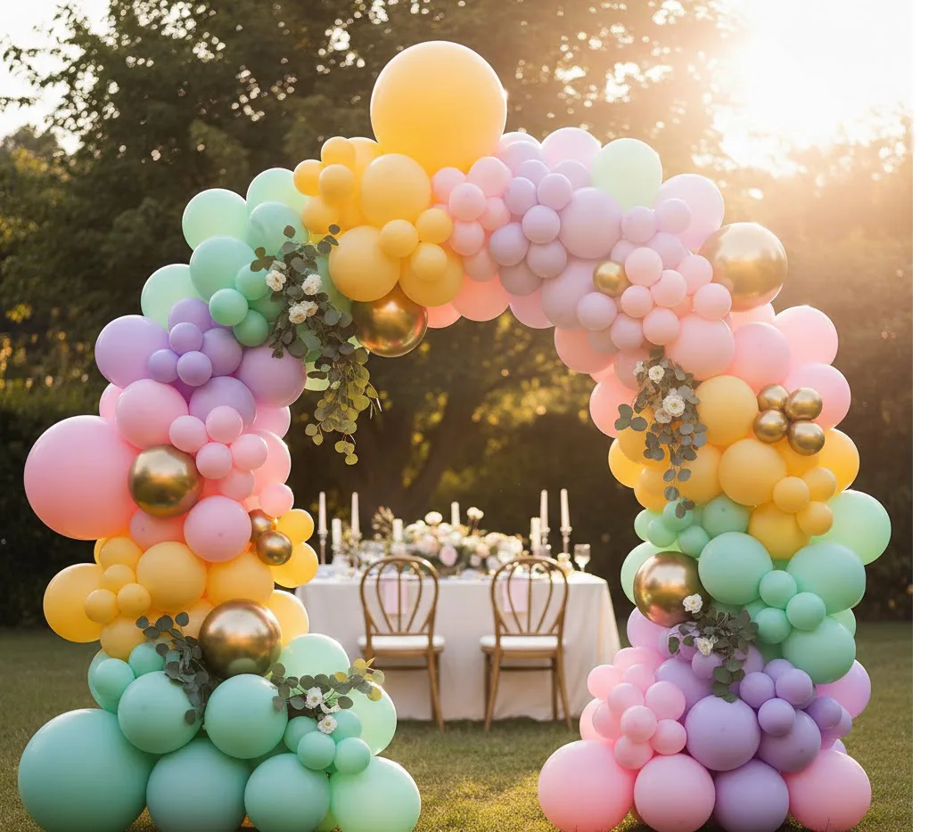 Decoración profesional de estructura de globos coloridos en un jardín para un evento al aire libre.