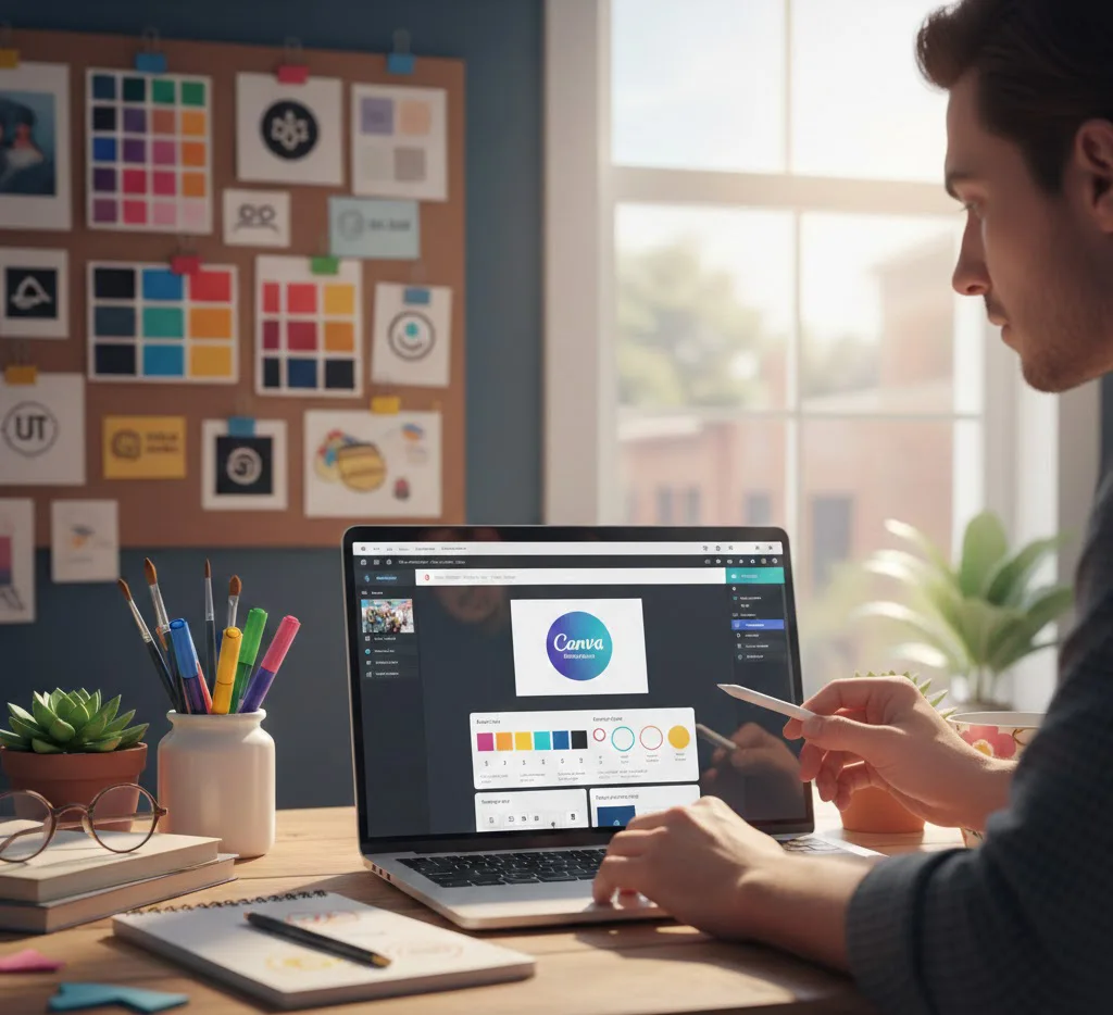 Diseñador trabajando en una laptop con Canva creando un logo y paleta de colores en un escritorio creativo con luz natural.