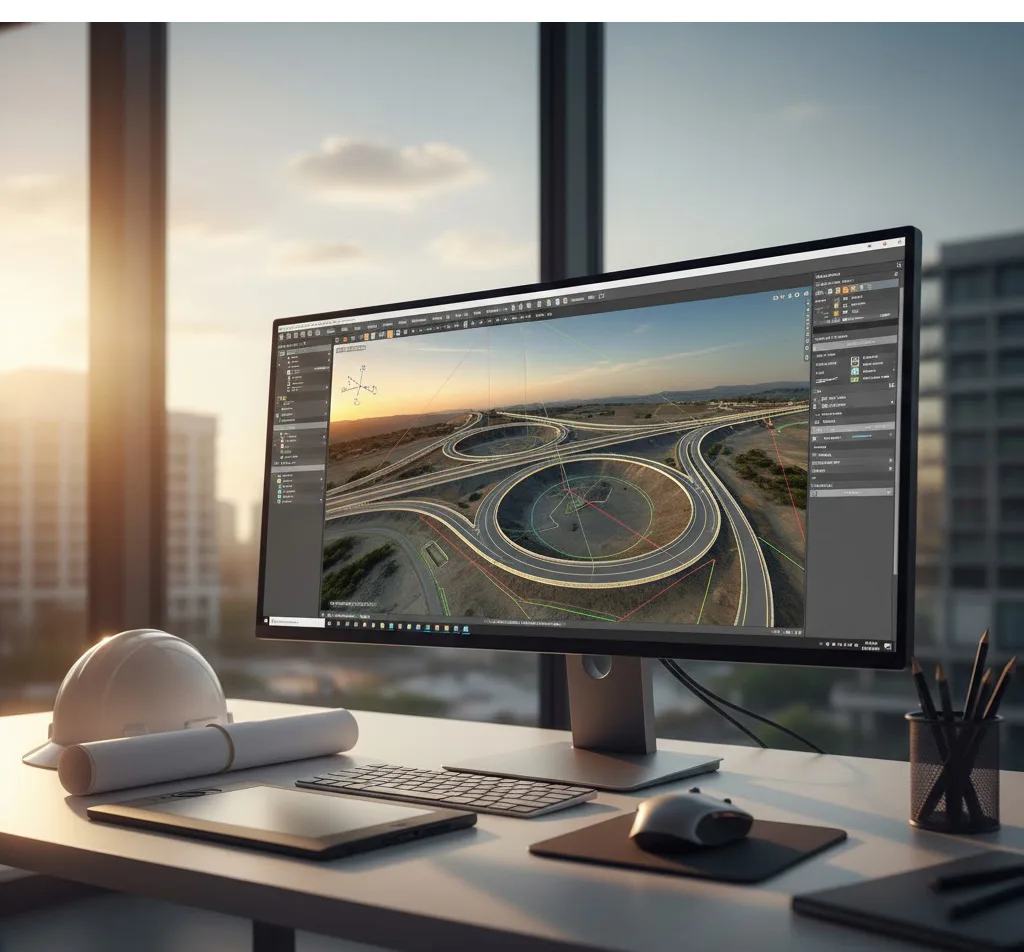 Modelado 3D de infraestructura vial y diseño de superficies complejas realizado en Civil 3D.
