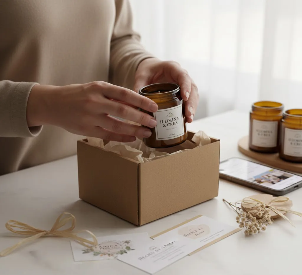 Vela artesanal en caja de regalo decorada con lazo de cuerda y papel kraft, mostrando un empaque profesional para emprendimiento.