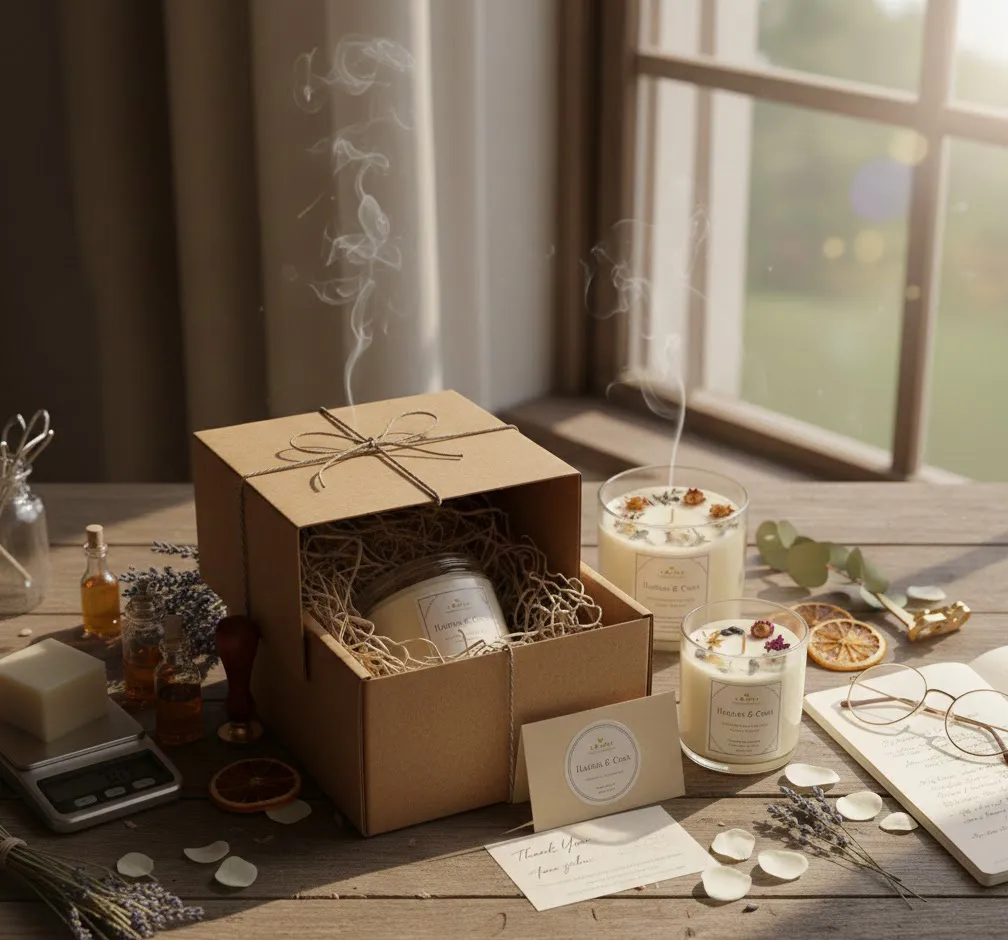 Ideas de empaque elegante para velas artesanales, con etiqueta de marca y tarjeta de agradecimiento, ideal para iniciar un negocio
