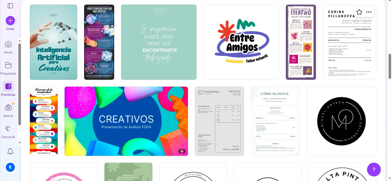 plantillas de logos creativos en la interfaz de Canva Gratis, rodeado de elementos inspiradores.