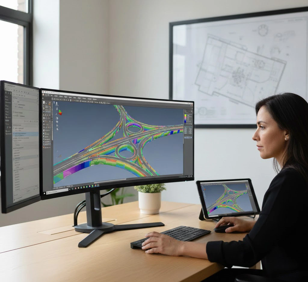 Primer plano de un profesional de ingeniería civil trabajando en el modelado de una infraestructura vial en su oficina.