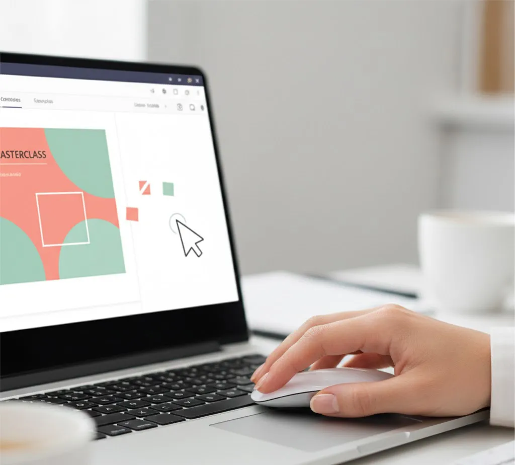 Primer plano de una pantalla editando una plantilla de Canva, mostrando un diseño limpio y minimalista para una masterclass.