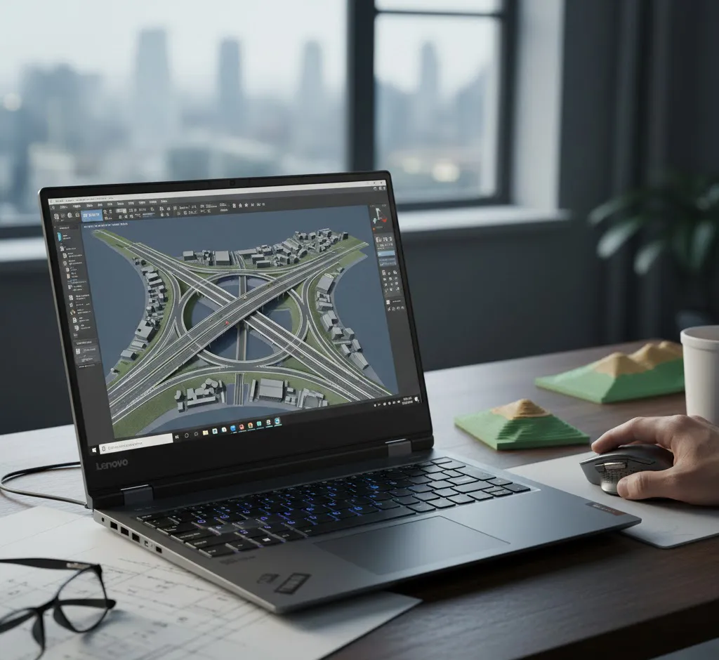 Laptop de alta gama para ingeniería ejecutando un modelado de glorieta y carreteras en Civil 3D 2026 en una oficina moderna.