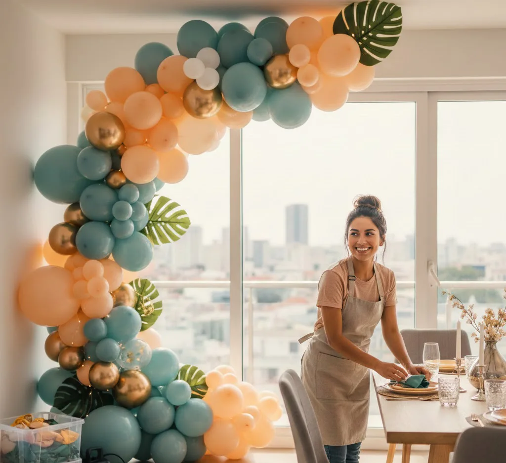 Mujer emprendedora decorando eventos con globos desde su casa