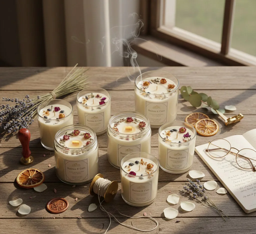 Reseña del curso Ilumina y Crea de Stefany Querubin: velas artesanales decorativas con flores secas y cera de soja.