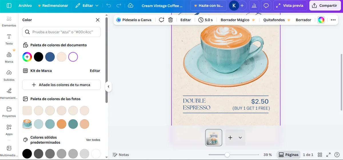 Interfaz de Canva mostrando una paleta de colores de marca para emprendedores