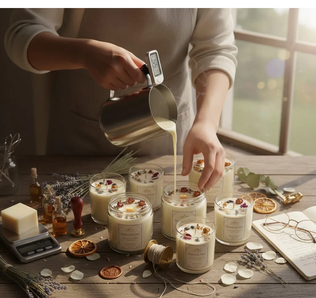 Materiales esenciales y proceso de vertido de cera de soja para fabricar velas artesanales con termómetro y balanza.
