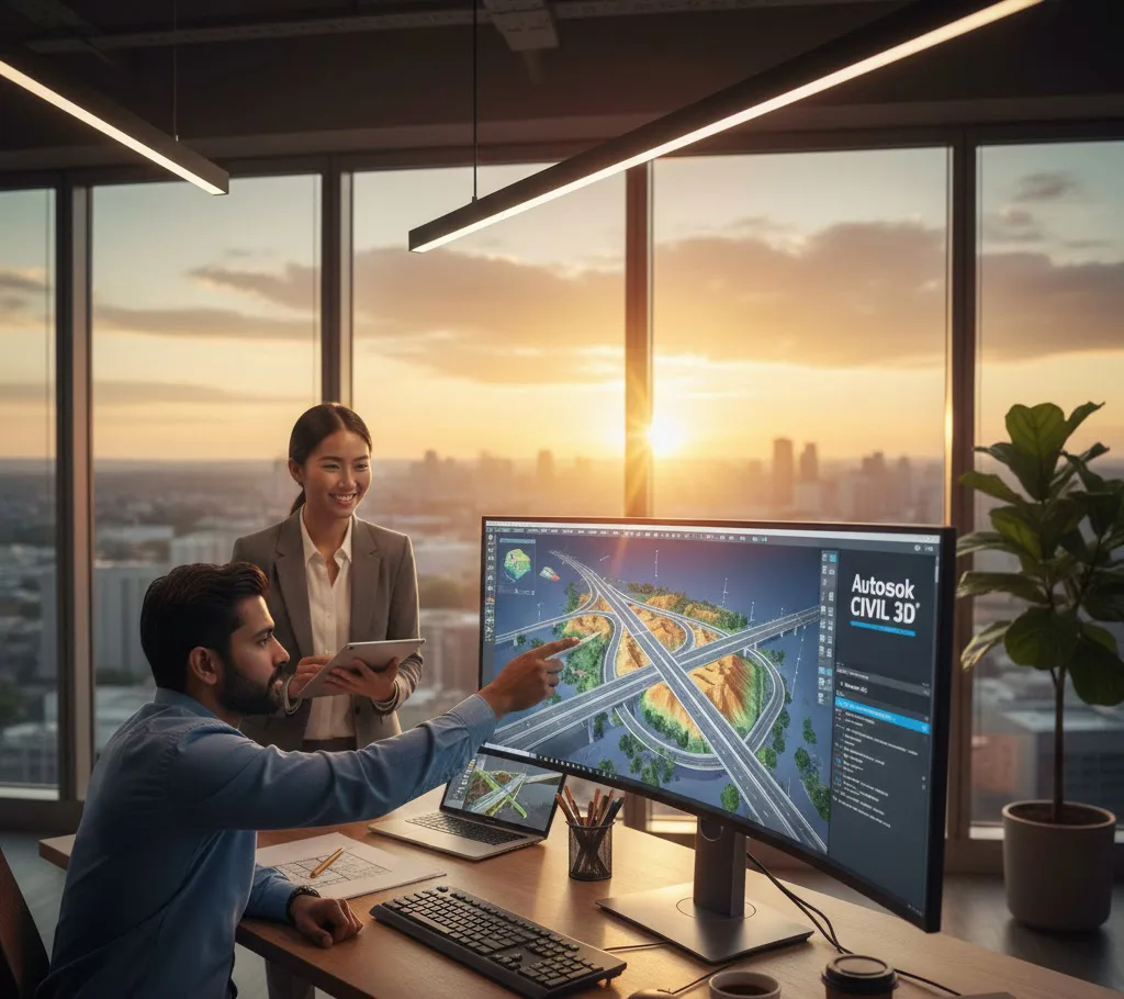 Ingenieros civiles trabajando en un proyecto de infraestructura vial utilizando el software Civil 3D en una oficina moderna.