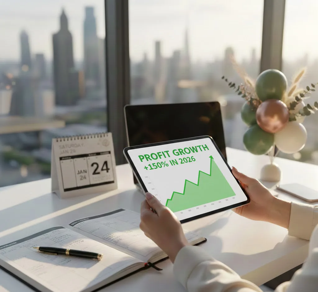 Escritorio profesional de un decorador de eventos mostrando una tablet con gráfica de crecimiento de ganancias y agenda de proyectos.