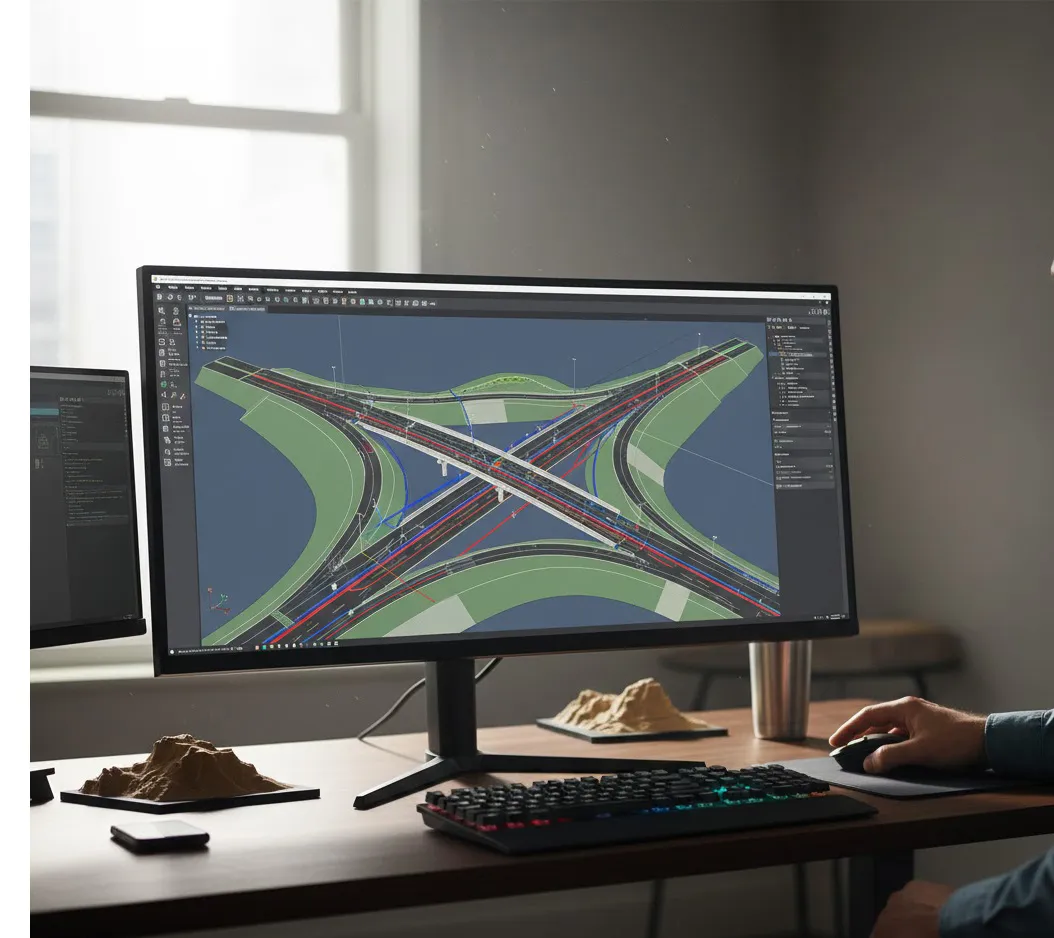 Interfaz de Civil 3D 2026 mostrando un diseño de infraestructura vial complejo en un monitor profesional de alta resolución.