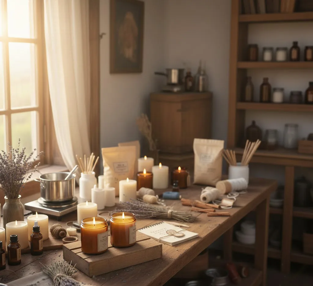 Taller de cerería artesanal con velas de soja encendidas, aceites esenciales y materiales naturales sobre mesa de madera rústica.