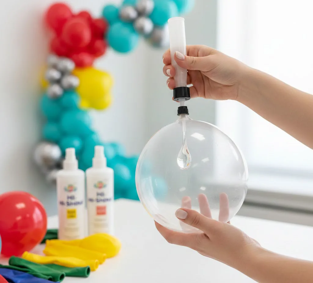 Decoradora aplicando líquido sellador Hi-Float dentro de un globo transparente para evitar que se desinfle.