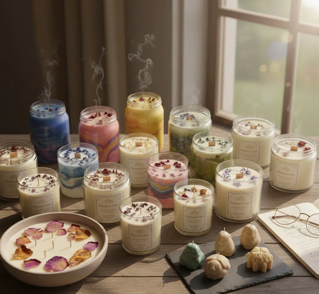 Amplia variedad de velas artesanales decorativas, incluyendo velas en frasco con flores, velas de colores y velas con moldes de cera.