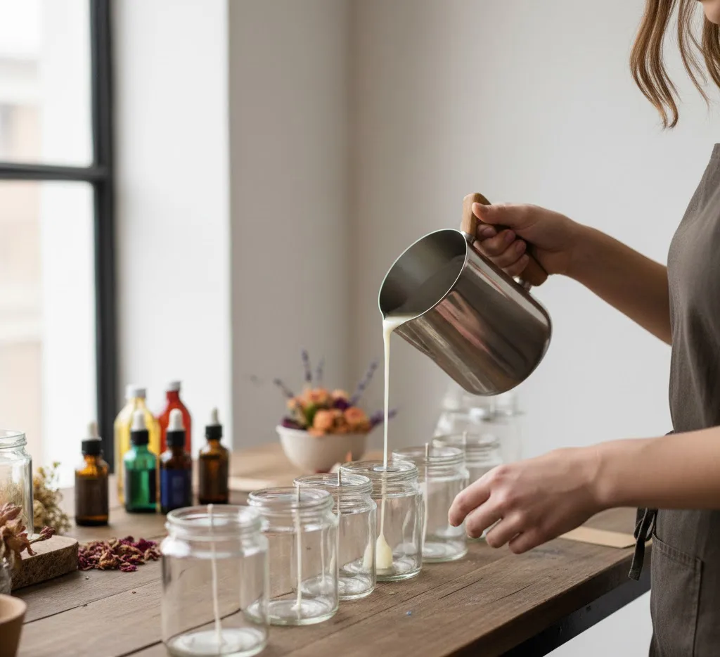 Velas artesanales encendidas con decoración de lavanda, canela y pétalos sobre una mesa de madera en un ambiente acogedor.