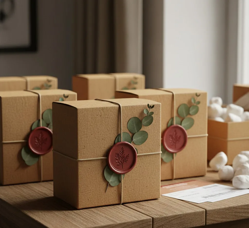 Un conjunto de velas artesanales empaquetadas en cajas de cartón reciclado con sellos de lacre y ramas de eucalipto seco, listas para ser enviadas a clientes, transmitiendo una imagen de marca de lujo y sostenibilidad.