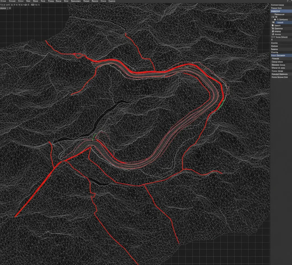 Mapa de análisis de cuencas y dirección de escorrentía generado automáticamente sobre una superficie topográfica digital.