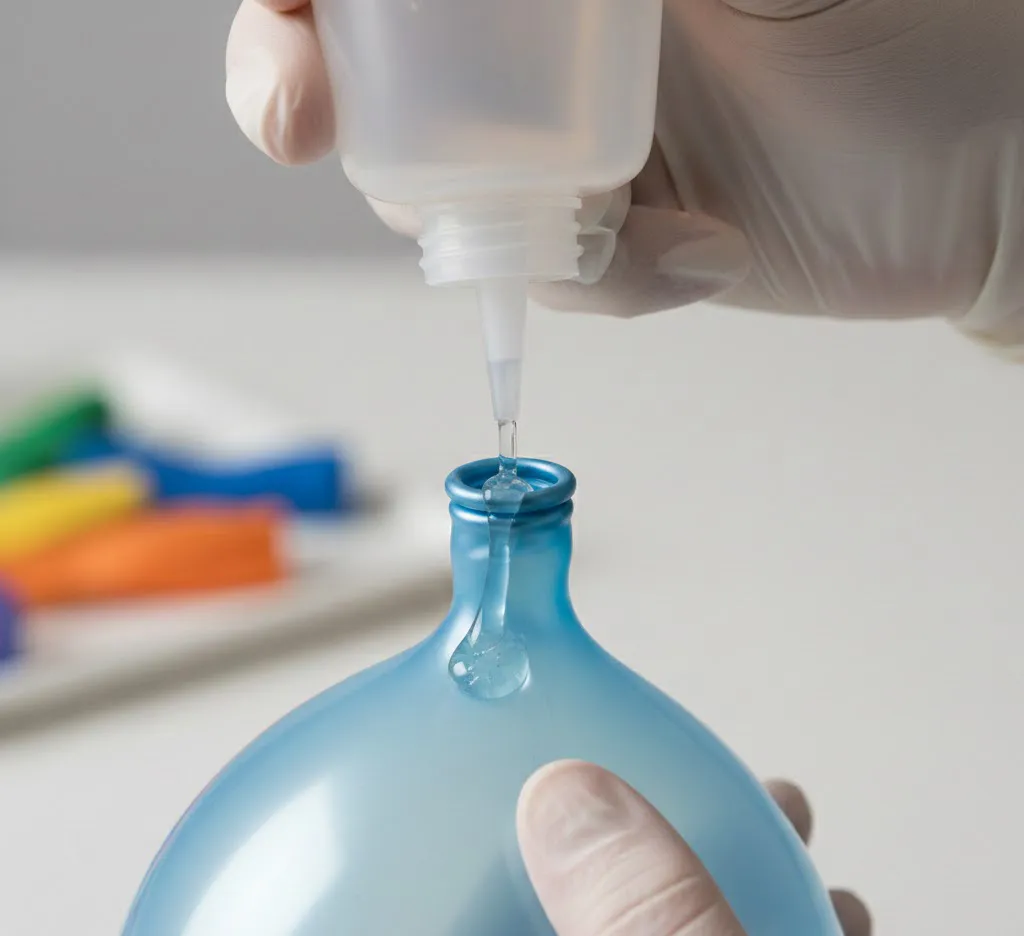 Primer plano fotorrealista de una mano enguantada aplicando gel sellador transparente dentro de un globo de látex desinflado, mostrando el pico de la botella dosificadora con precisión.