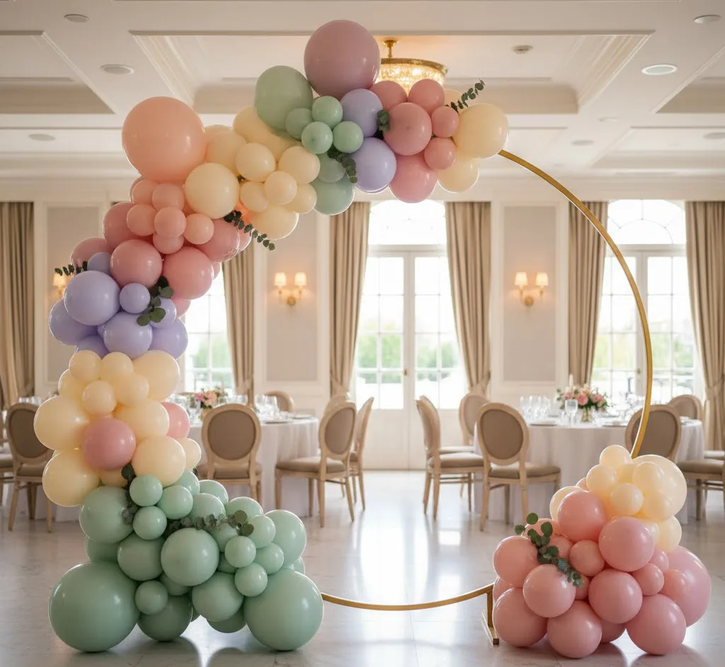 Una guirnalda de globos orgánica de lujo en tonos pastel y dorado, montada sobre una estructura circular metálica en un salón de eventos.
