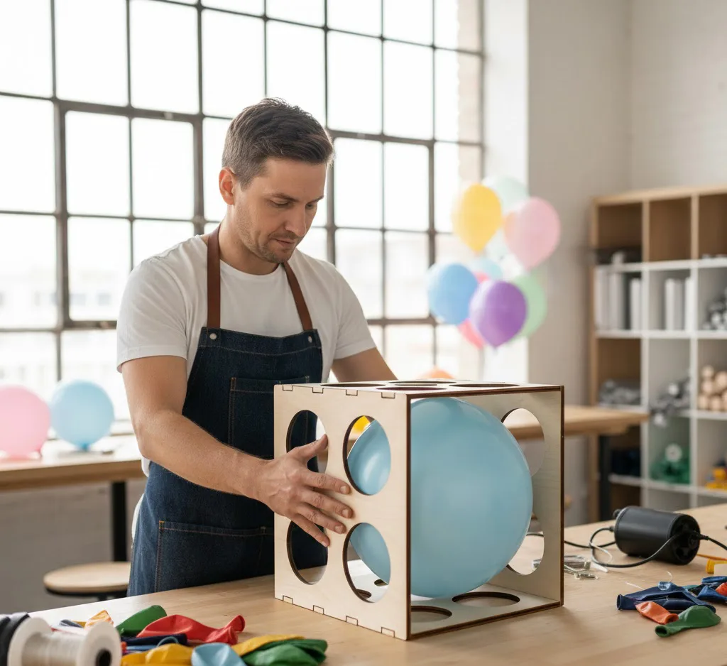 Un decorador profesional utilizando un medidor de globos de madera para asegurar que todos los globos tengan el mismo diámetro en un taller iluminado.