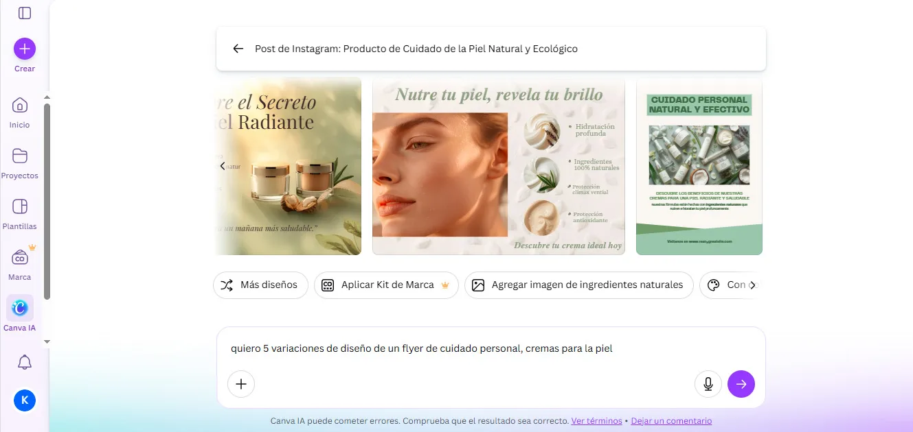 creacion de un flyer promocional de estética a partir de un breve prompt utilizando la IA de Canva.