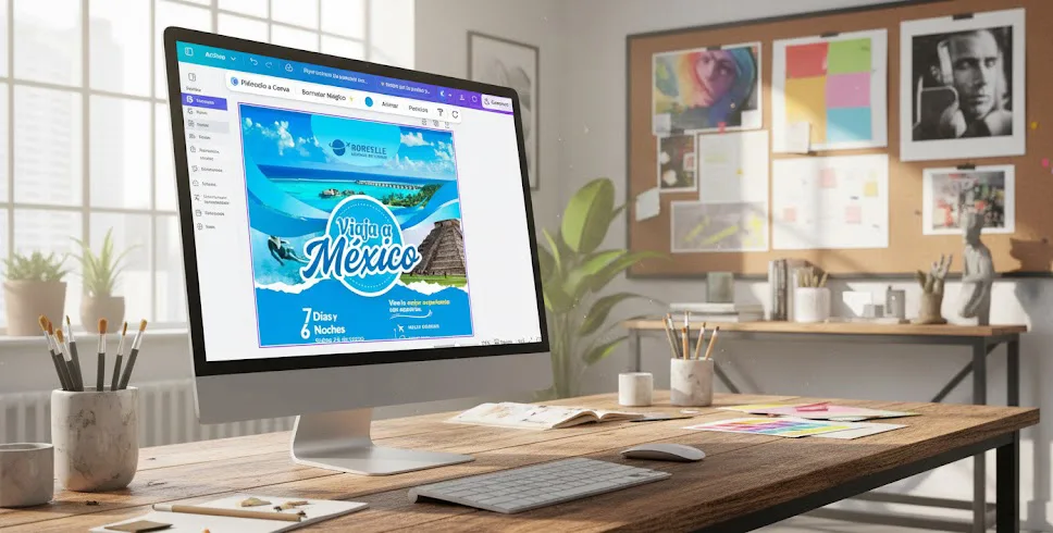 computadora mostrando un diseño profesional terminado en Canva.