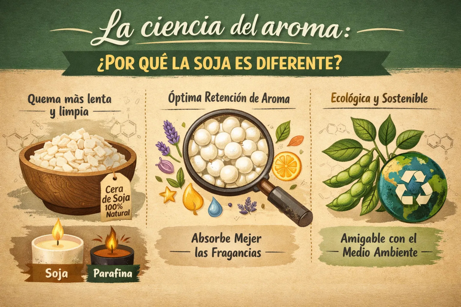 Infografía que explica por qué la cera de soja es diferente para velas aromáticas, mostrando su mejor retención de aroma, combustión limpia y origen ecológico.