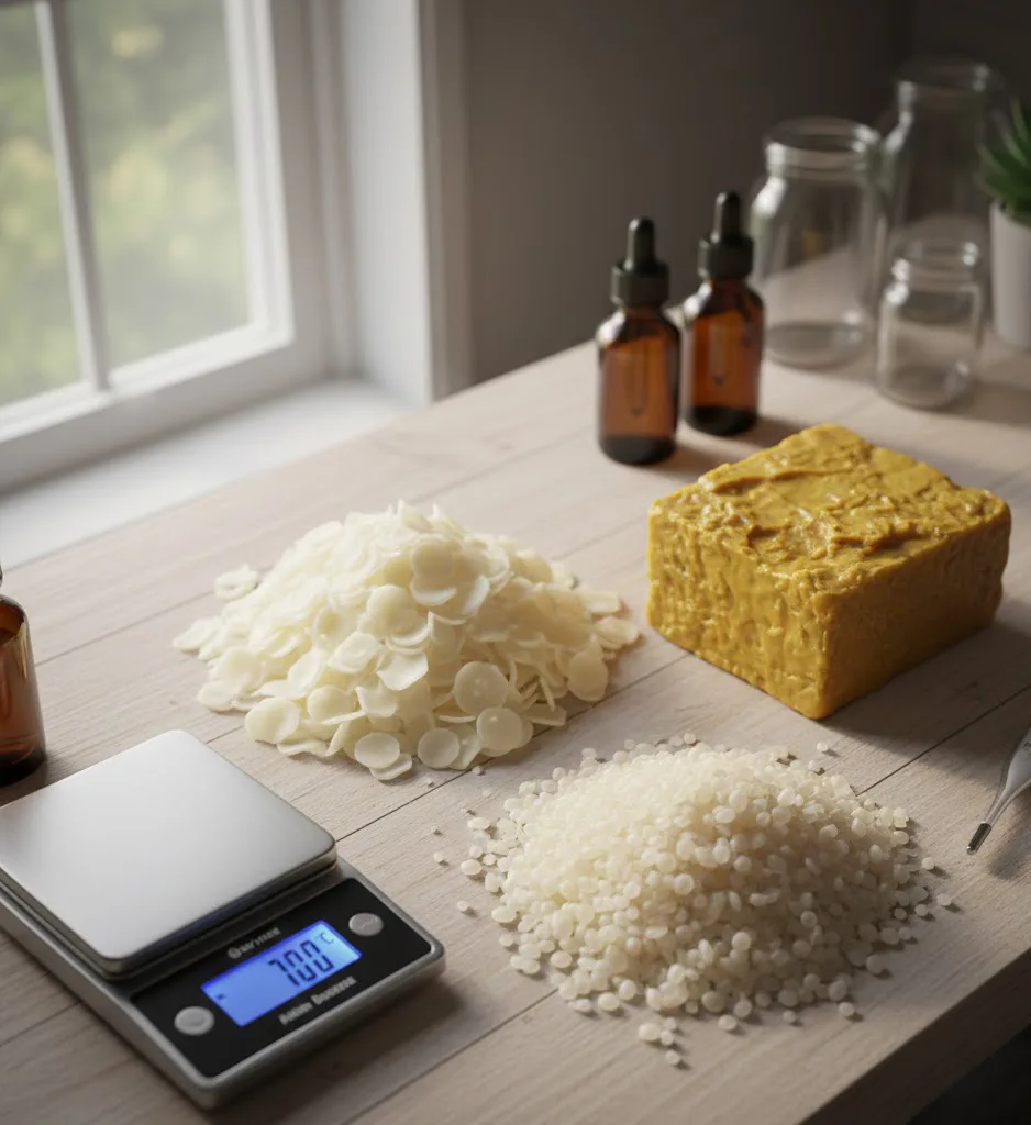 Primer plano fotorrealista de diferentes tipos de ceras para velas: escamas de cera de soja blanca, bloques de cera de abejas amarilla pura y granos de cera de palma, dispuestos sobre una mesa de trabajo de madera clara.