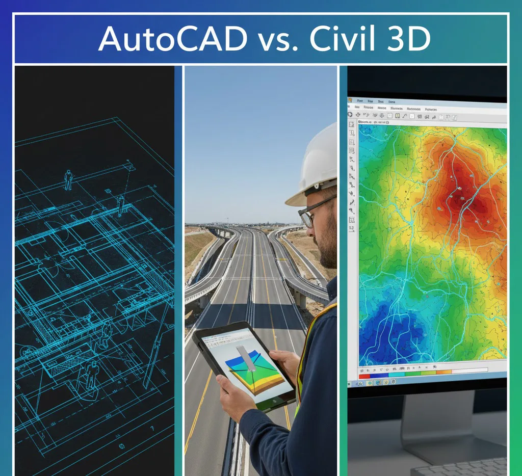 Composición artística y colorida dividida en tres paneles: a la izquierda, un esquema técnico estilo cianotipo (blueprint) de AutoCAD; en el centro, un ingeniero con casco y tablet supervisando una autopista moderna; y a la derecha, un monitor mostrando un mapa de calor topográfico vibrante en Civil 3D con análisis de pendientes.