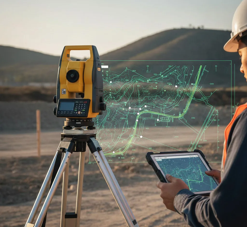 Vista de primer plano de una estación total topográfica en un terreno de construcción con un plano digital de Civil 3D superpuesto conceptualmente en una tablet.