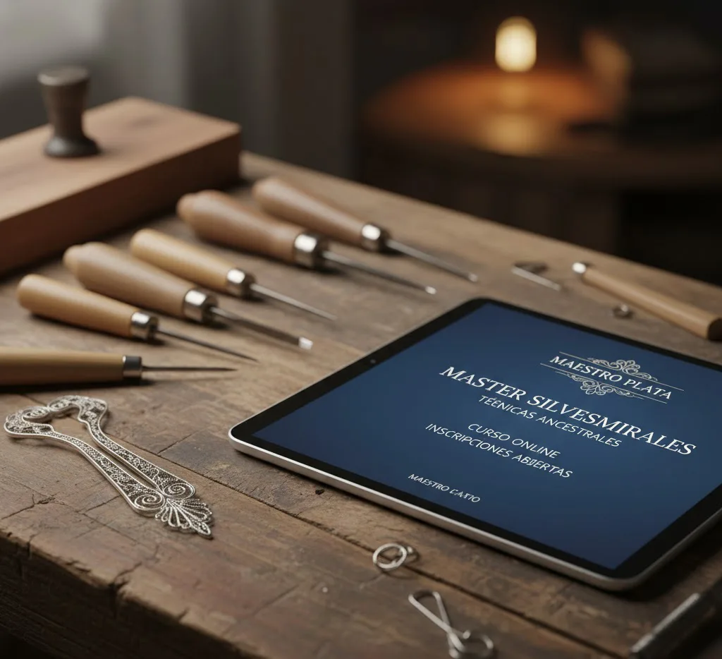 Bodegón de herramientas artesanales junto a una tableta que muestra un anuncio publicitario de un oficio manual, utilizando una combinación equilibrada de una tipografía Serif elegante para el logo y una Sans Serif clara para la información técnica.