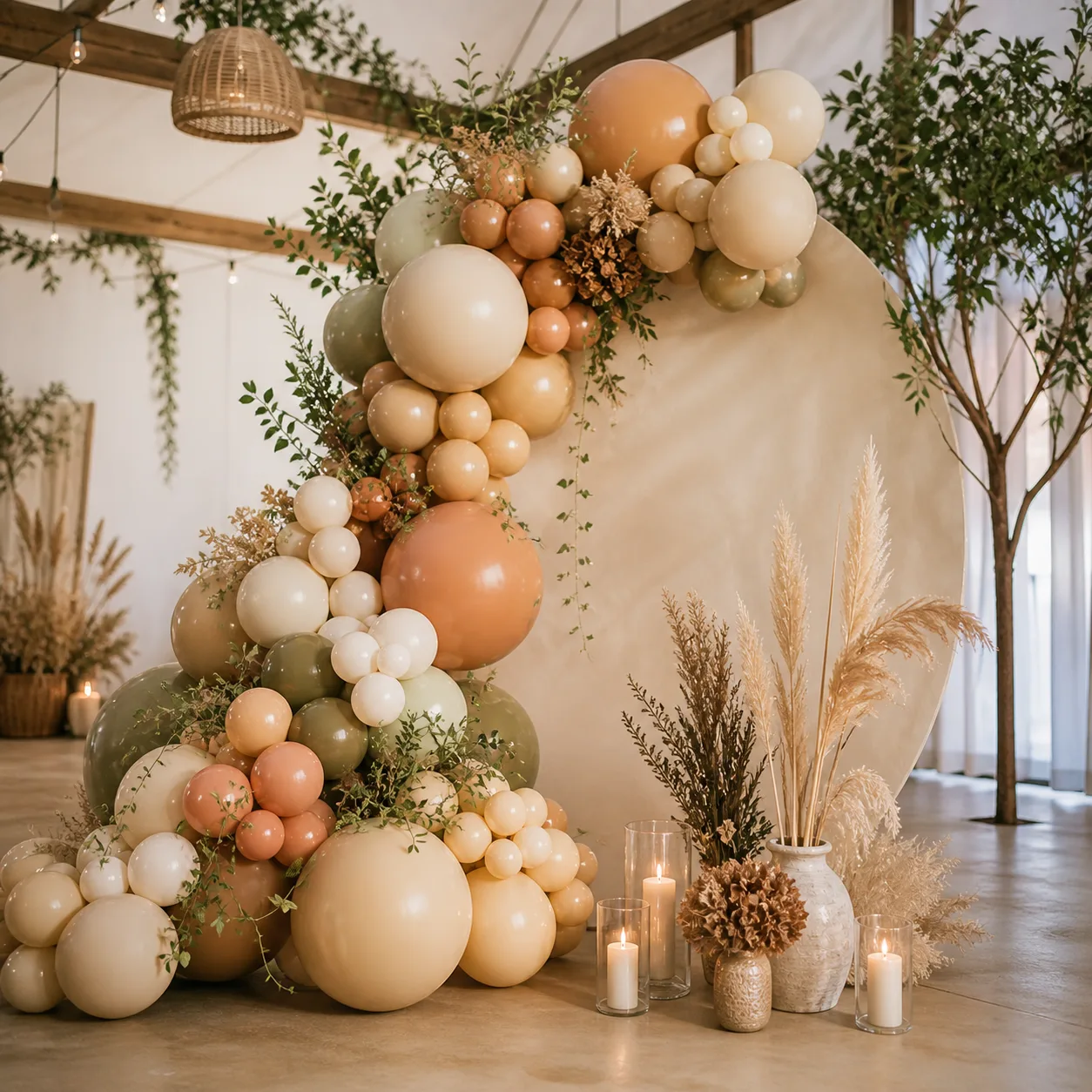 Decoración con globos orgánicos en diferentes tamaños y tonos neutros, formando una composición asimétrica con estilo natural y elegante para eventos modernos.