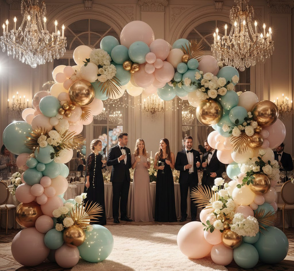 Un arco de globos orgánico de lujo en tonos pastel y dorado, decorando un evento de gala elegante.