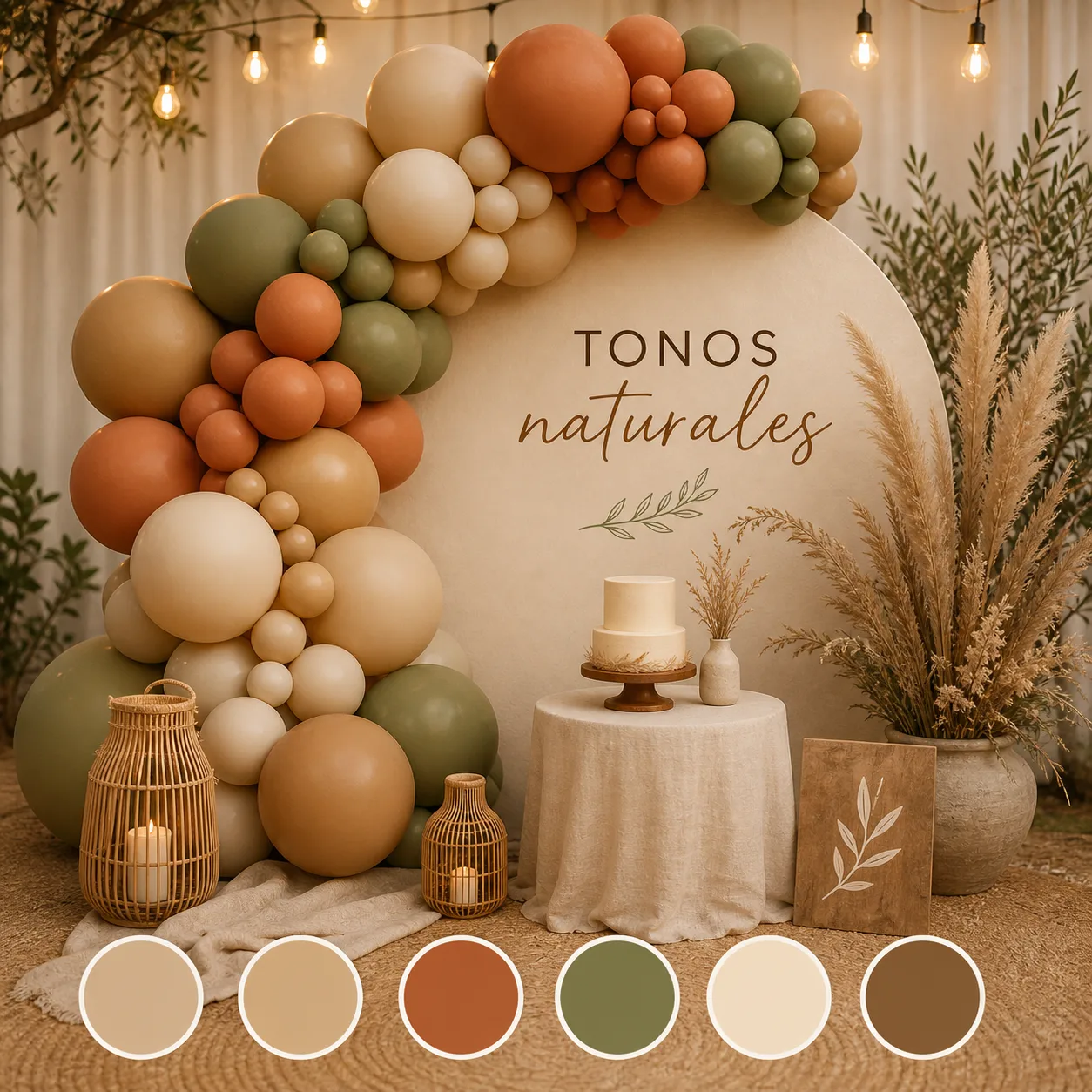 Decoración de evento con globos en tonos naturales como beige, terracota y verde oliva, acompañados de elementos orgánicos y estilo cálido y elegante.