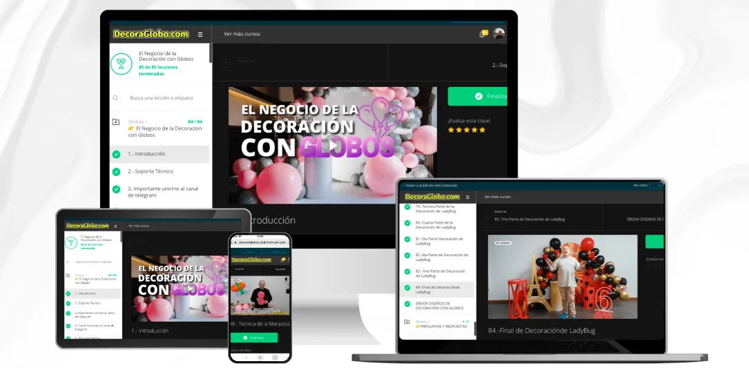 Curso El negocio de la decoración con globos vista en distintos dispositivos.