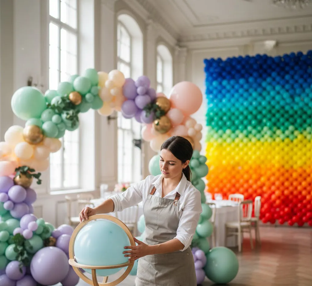 Una decoradora profesional ajustando un globo en un medidor de madera, rodeada de una guirnalda orgánica de lujo y un muro de globos degradados en un salón de eventos elegante.