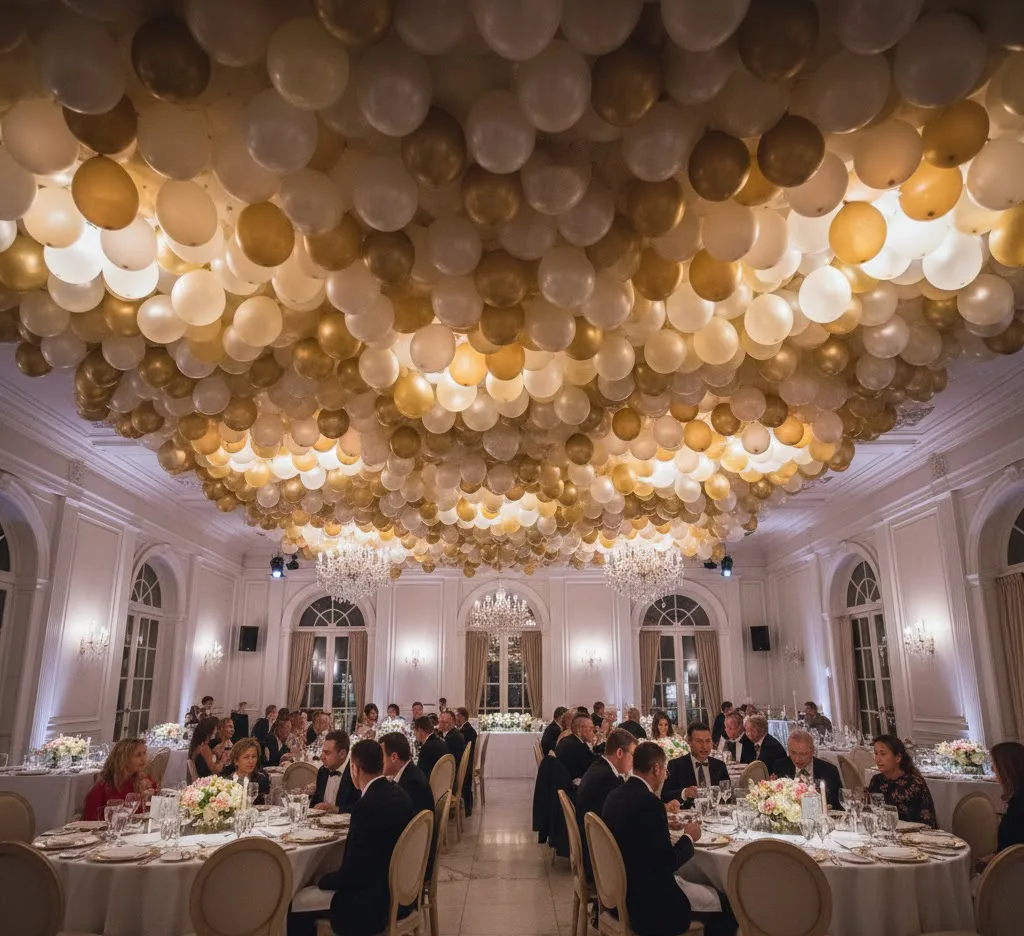 Un techo de un salón de eventos cubierto por miles de globos de diferentes tamaños en tonos dorados y blancos, creando una sensación de nubes elegantes sobre las mesas del banquete.