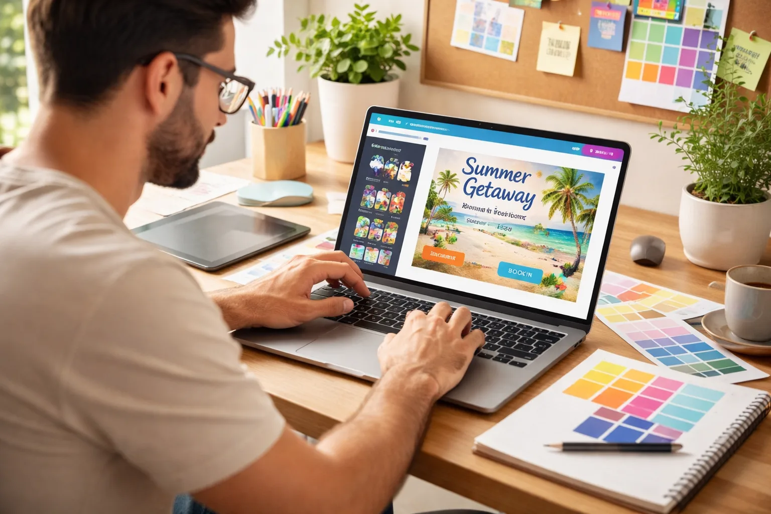 Diseñador gráfico trabajando desde su laptop creando un diseño creativo en Canva en un escritorio moderno con paleta de colores y herramientas de diseño.