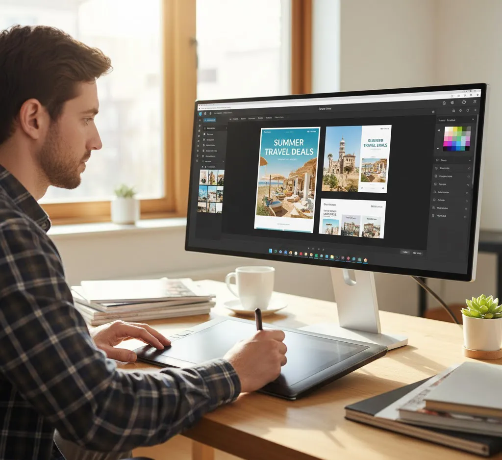 Diseñador masculino en su escritorio seleccionando plantillas de anuncios de viajes en un monitor de pantalla ancha con la interfaz de Canva.