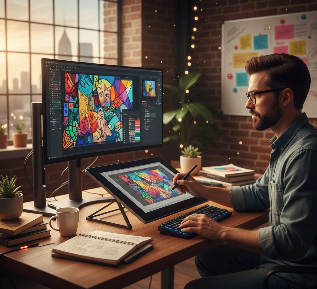 Un diseñador profesional trabajando en un escritorio moderno con una tableta gráfica y monitor de alta resolución, enfocado en el proceso creativo de diseñar productos digitales con Canva en una oficina con iluminación cálida.